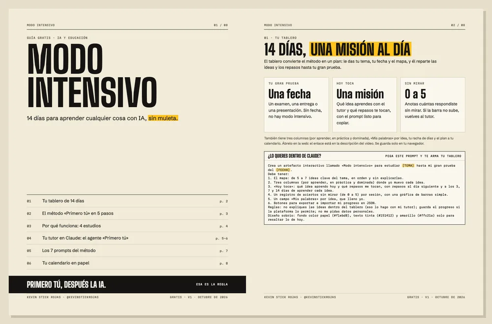 Portada del PDF Modo intensivo y la página del tablero